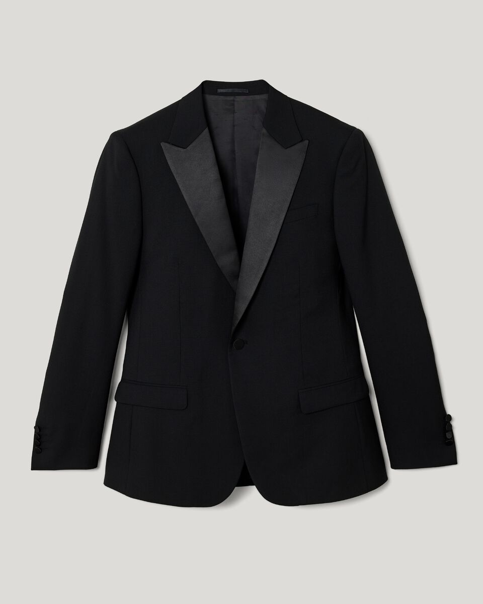 Slim fit premium wool silk tuxedo jacket, Black, hi-res